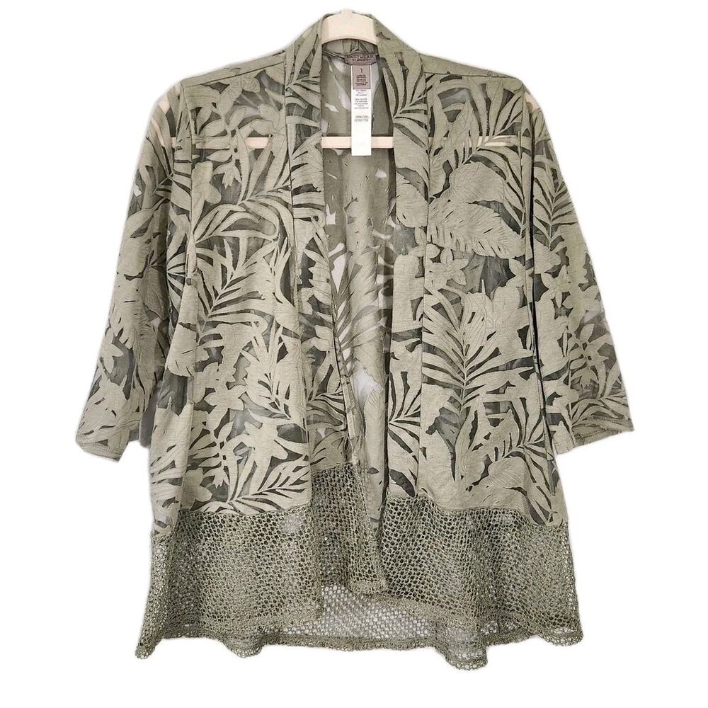 Chico’s Easy Wear Womens Sheer Open Front Cardigan Duster Green Sz 1 M Tropical